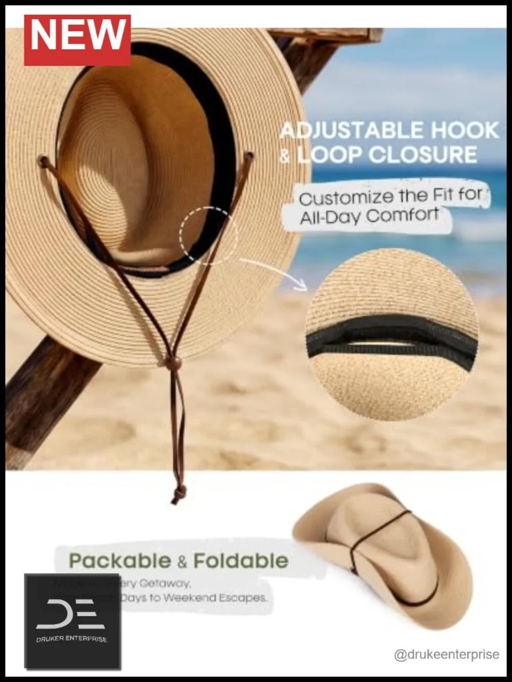 Straw Panama Fedora Sun Hat with Wind Lanyard UPF 50+ Packable